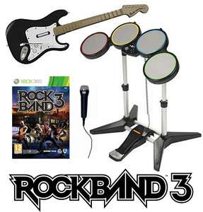 XBox 360 ROCK BAND 3 Game w/Drums/Guitar/Mic Instruments Bundle Set 