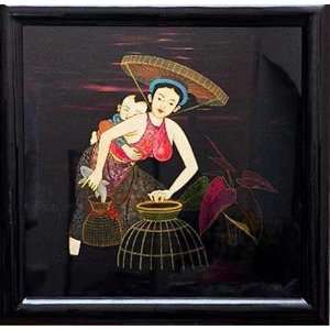  Vietnamese Lacquer Paintings   28 x 28 Mother and Son 